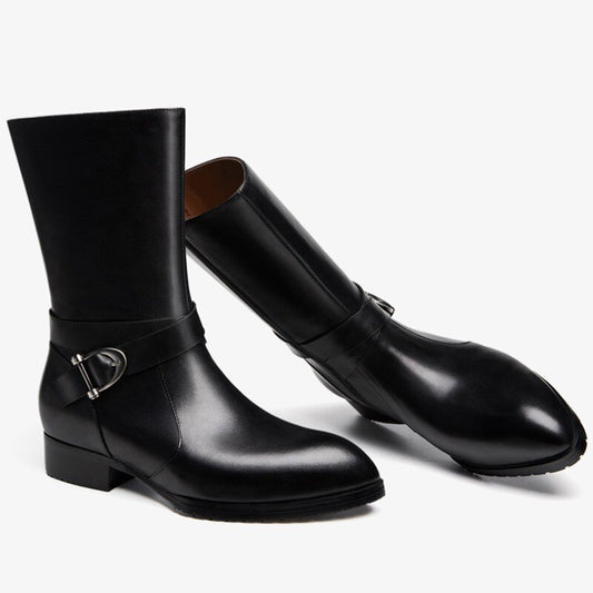 メンズ本革ジッパーポインテッドトゥブーツ
