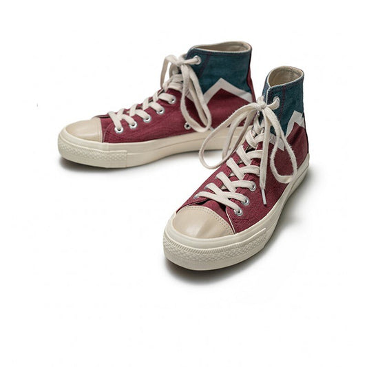 メンズ ミックスカラー スプライス キャンバスシューズ レースアップ ハイトップ フラット