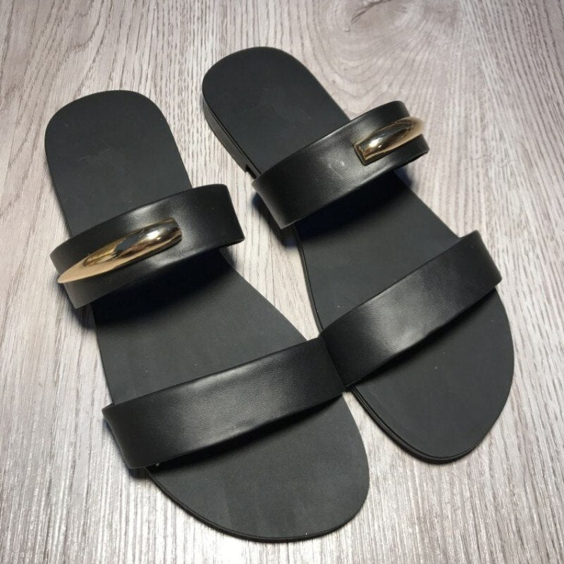 Mens  Chain Designer Cow Leather Sandals Outside Flats
