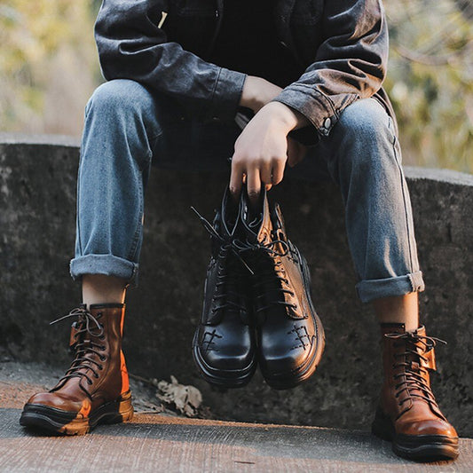 Mens Lace Up Round Toe Winter Outdoor Warm Tooling Boots