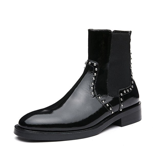 Men British Style Pointed Rivets Slip On Chelsea Boots