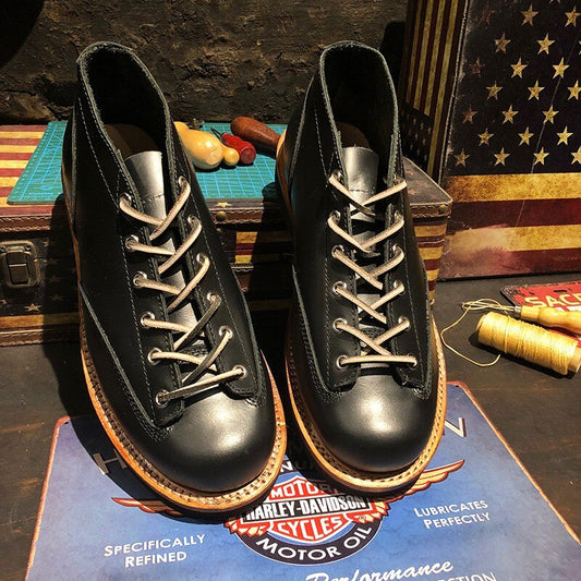 Classic Retro Biker Work Shoes Men Handmade Lace Up Platform Safety Boots