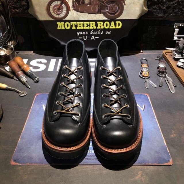 Classic Retro Biker Work Shoes Men Handmade Lace Up Platform Safety Boots