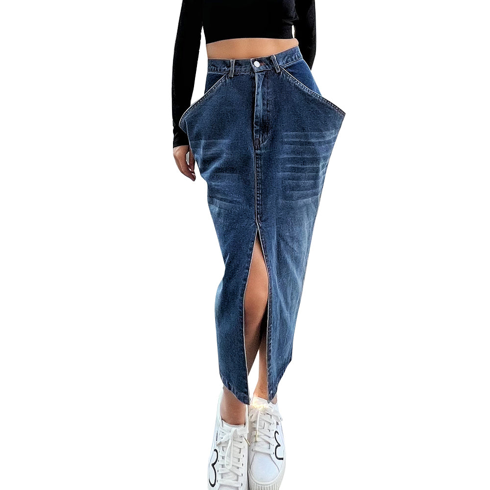 Blue Denim Skirt For Women High Waist Straight Split Solid Streetwear