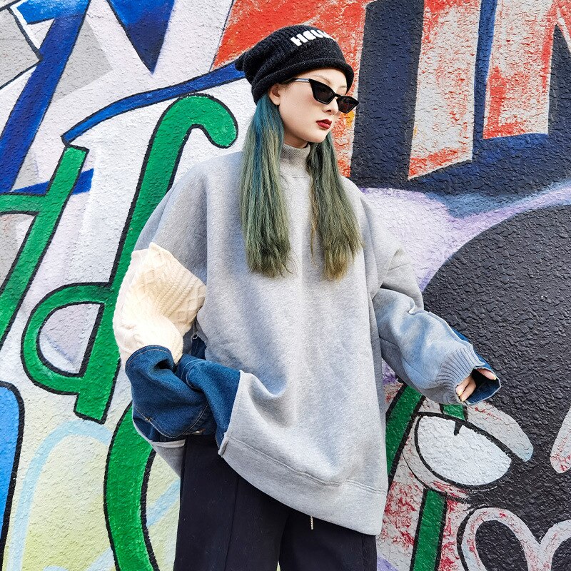 女性用カジュアルパッチワークニットデニムスウェットシャツトップス