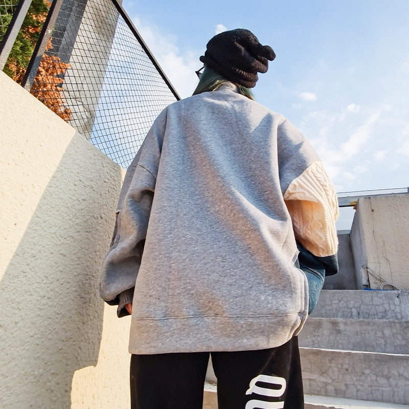 女性用カジュアルパッチワークニットデニムスウェットシャツトップス