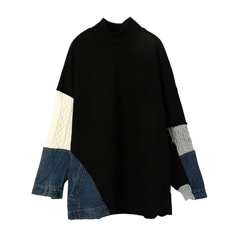 女性用カジュアルパッチワークニットデニムスウェットシャツトップス