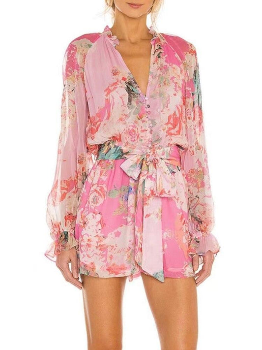 カジュアルプリントカラーブロックプレイスーツレディースVネックルーズミニ服