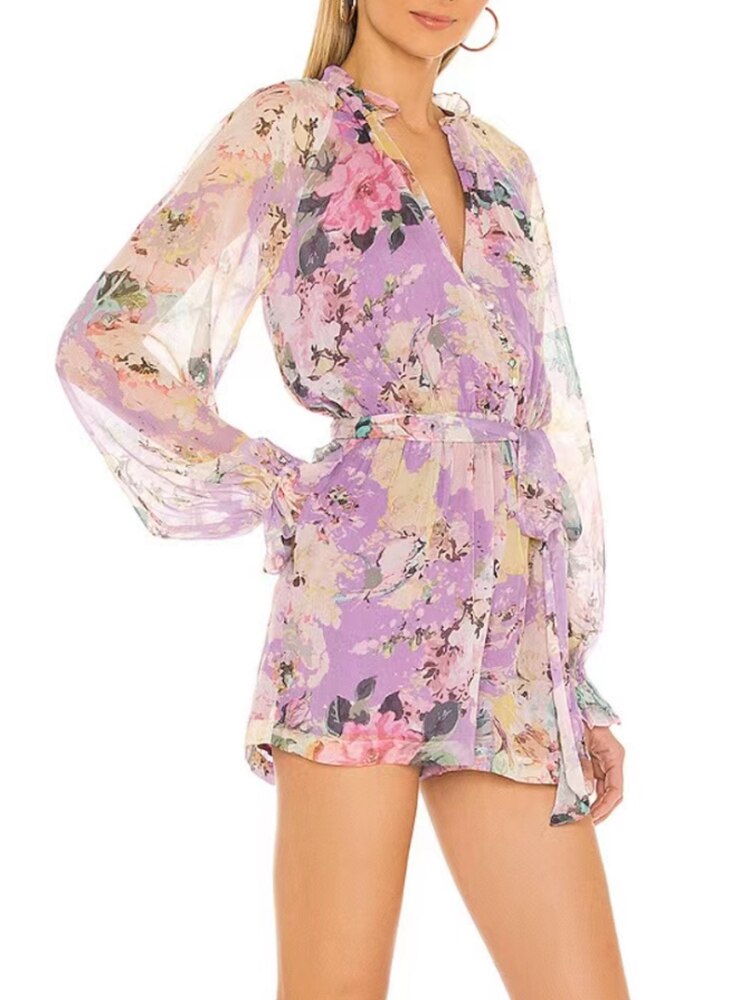 Casual Print Colorblock Playsuit For Women V Neck Loose Mini  Clothing
