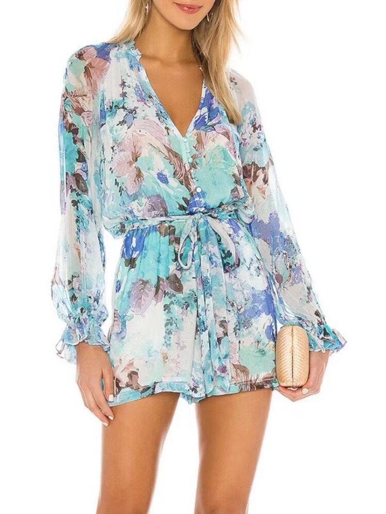 Casual Print Colorblock Playsuit For Women V Neck Loose Mini  Clothing