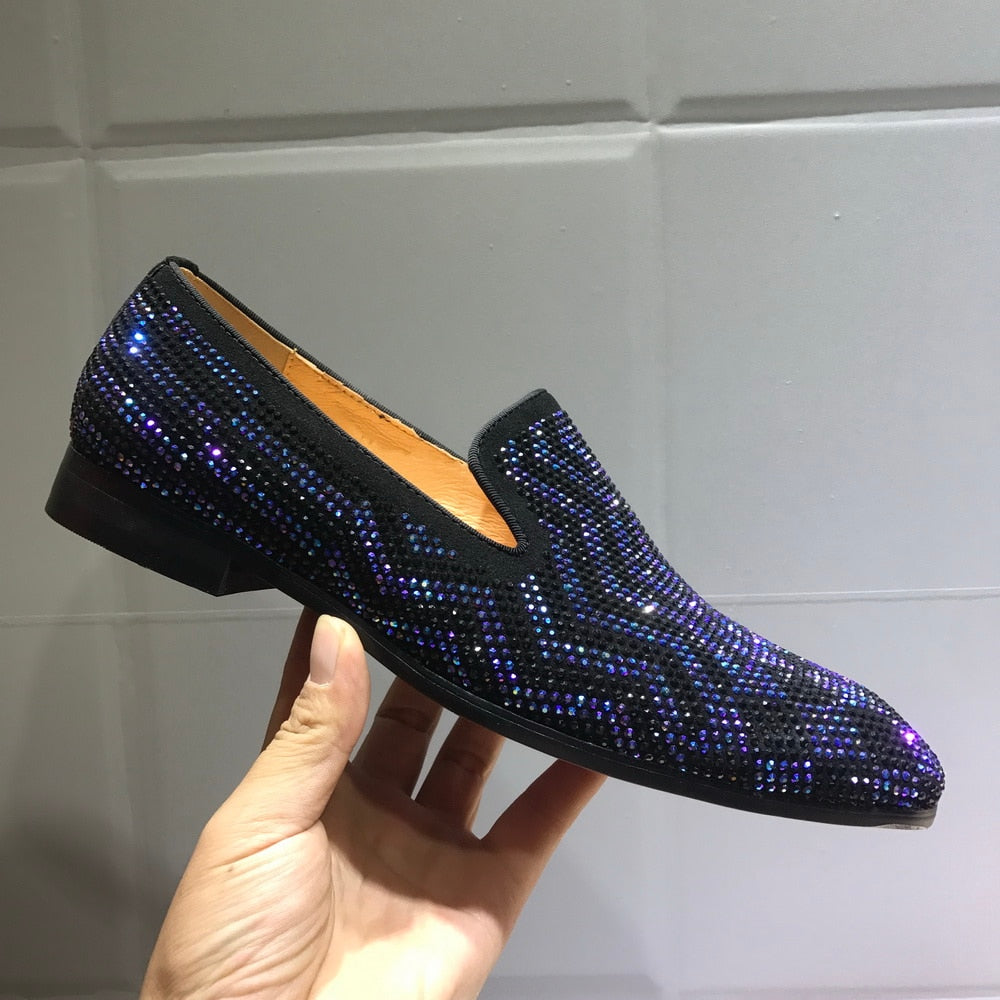 Wave pattern Rhinestone Mens Flats Slip On Moccasins Loafers