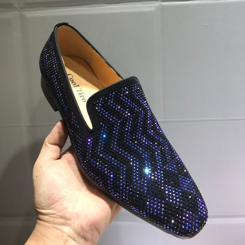Wave pattern Rhinestone Mens Flats Slip On Moccasins Loafers