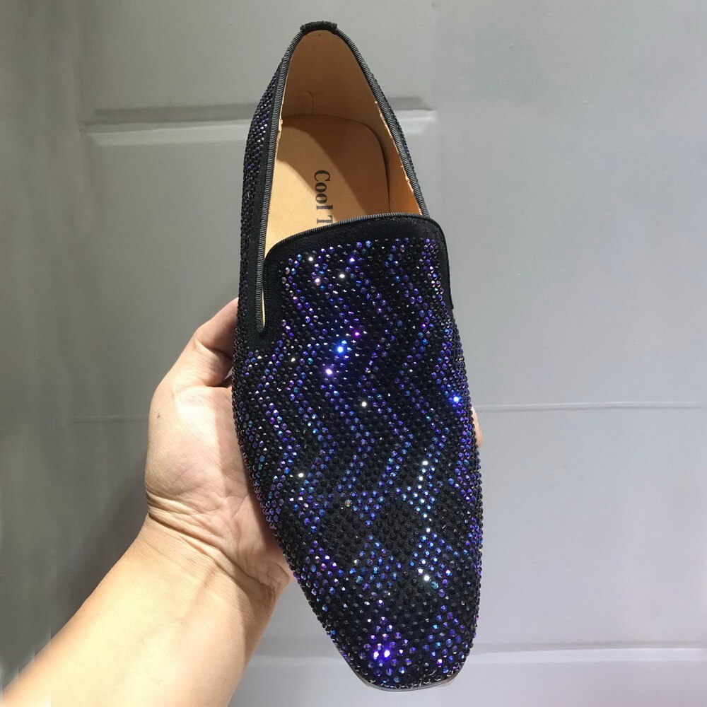 Wave pattern Rhinestone Mens Flats Slip On Moccasins Loafers