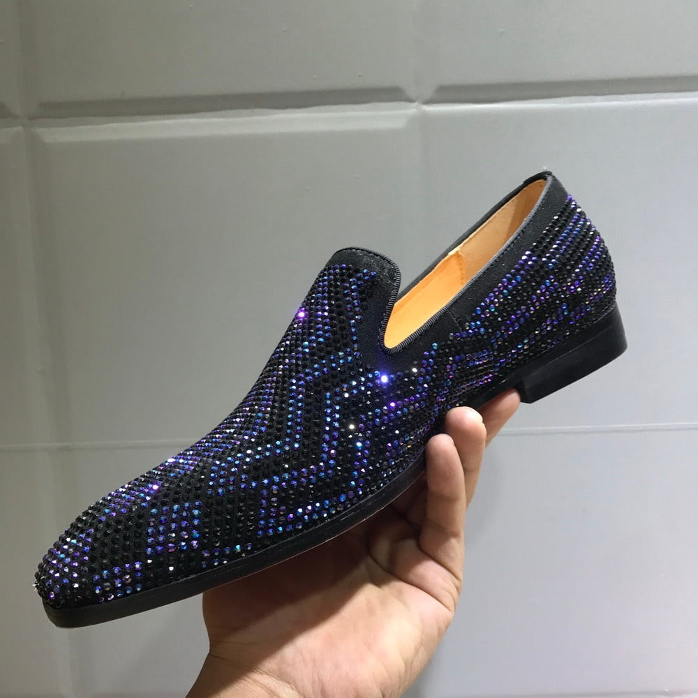 Wave pattern Rhinestone Mens Flats Slip On Moccasins Loafers
