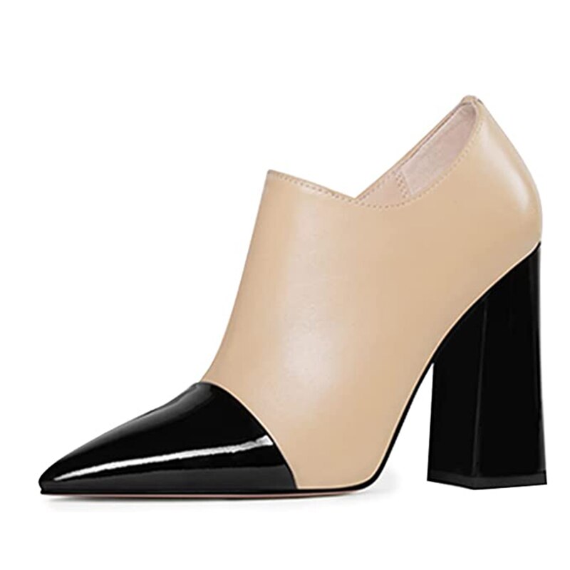 Nude and Black Pointed Toe Chunky Heel Ankle Boots