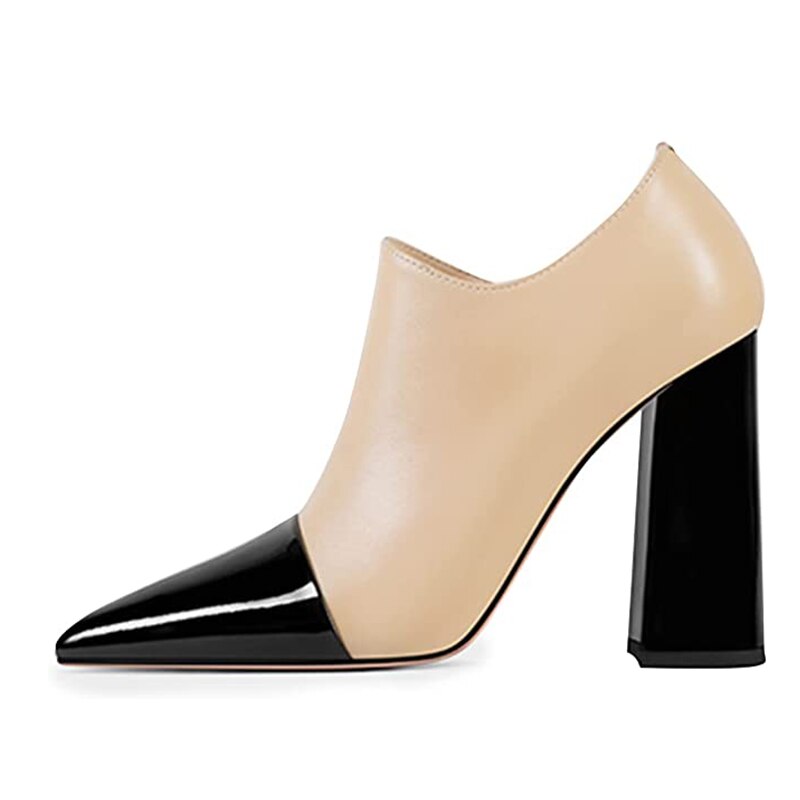 Nude and Black Pointed Toe Chunky Heel Ankle Boots