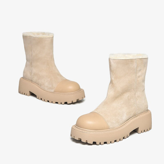 レディース キッドスエード カウレザー パッチワーク アンクルブーツ