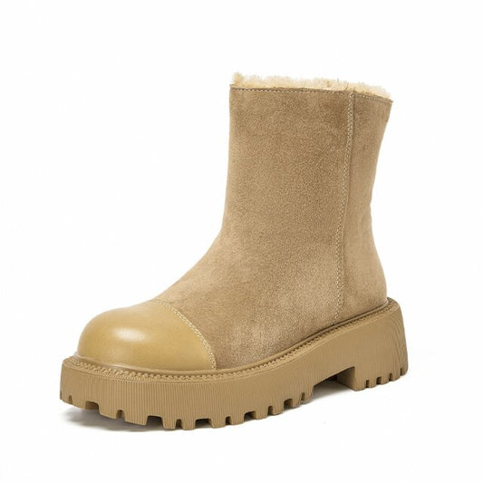 レディース キッドスエード カウレザー パッチワーク アンクルブーツ