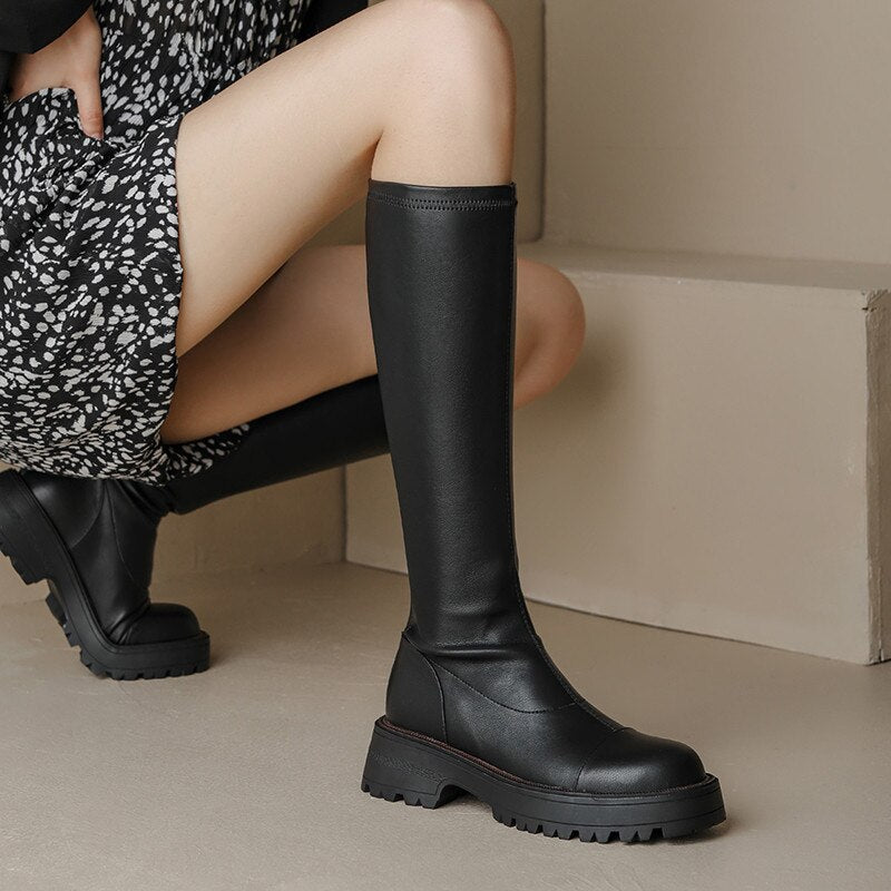 Knee High Boots Women Flat Shoes Round Toe
