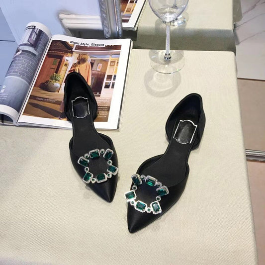 ポインテッドトゥスクエアバックルラインストーンフラットカジュアルシューズレディース