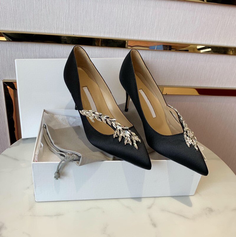 Pointed Toe Pumps Crystal Buckle Shallow Ladies High Heel