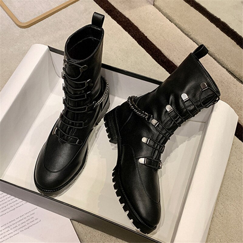 Femme Lace Up Runway Knight Boots Black White Chunky Heels Botas