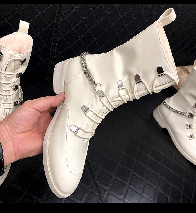 Femme Lace Up Runway Knight Boots Black White Chunky Heels Botas