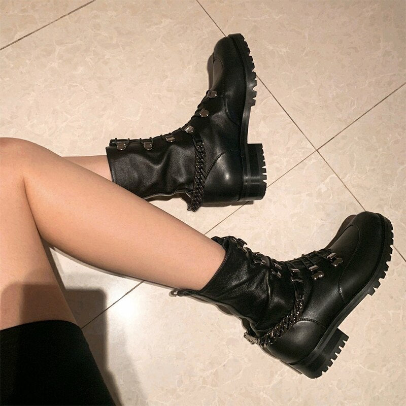 Femme Lace Up Runway Knight Boots Black White Chunky Heels Botas