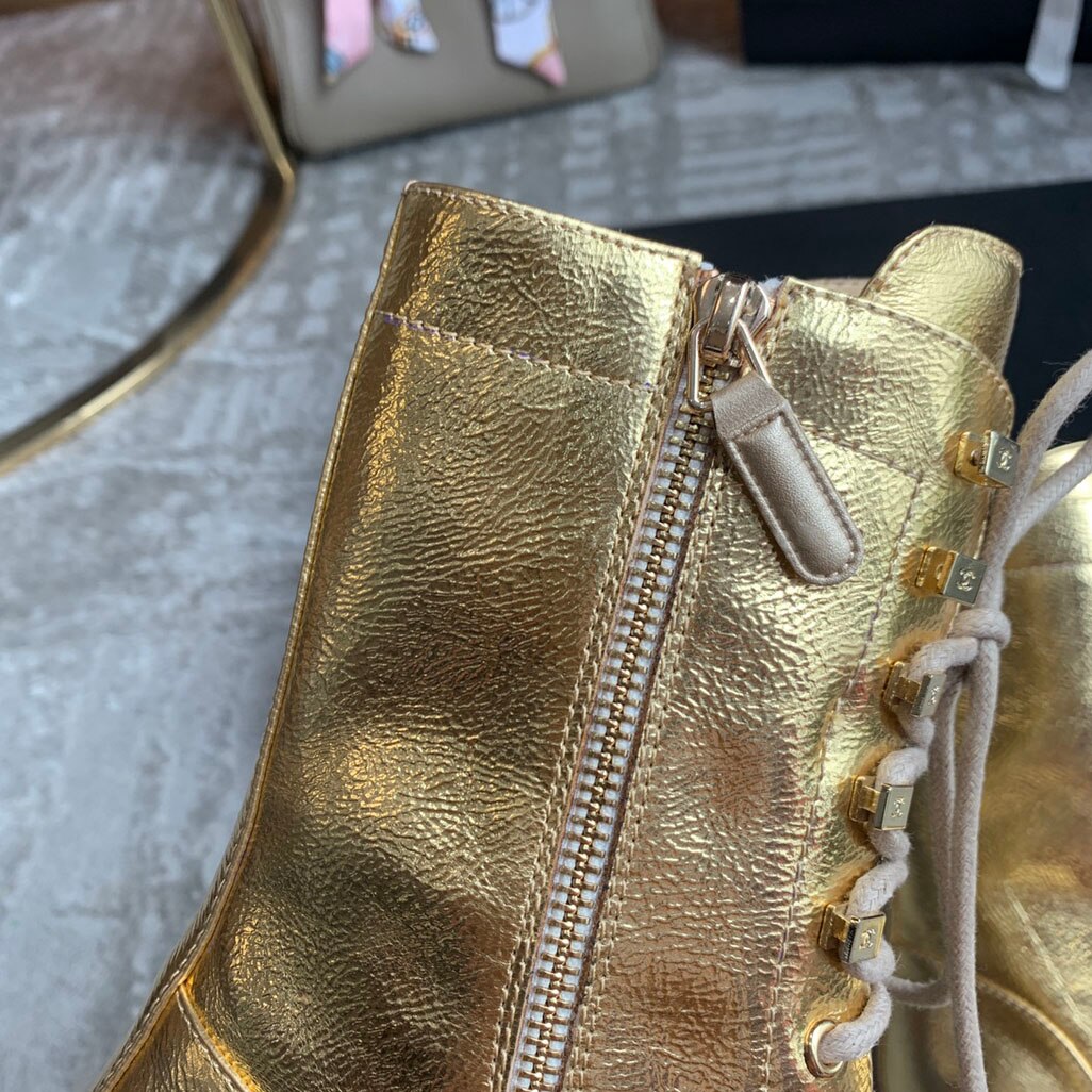 Fashion Cowhide Genuine Leather High top Martin Boots Women Golden