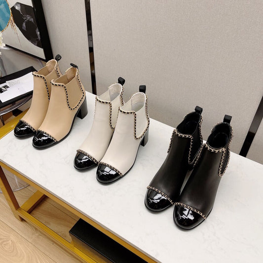 女性用クラシック秋冬チェーンアンクルブーツラウンドヘッド