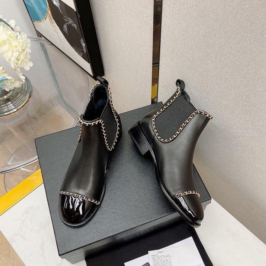 女性用クラシック秋冬チェーンアンクルブーツラウンドヘッド