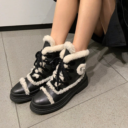 冬用暖かいスノーブーツ ミディアムヒール ブラック レディース ショートブーツ