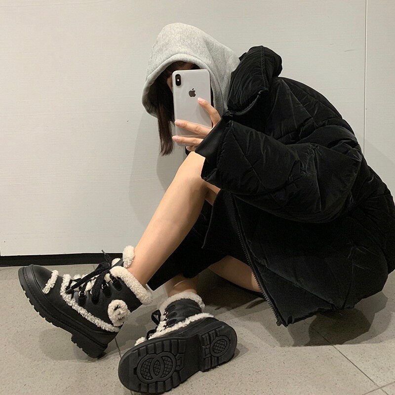 冬用暖かいスノーブーツ ミディアムヒール ブラック レディース ショートブーツ