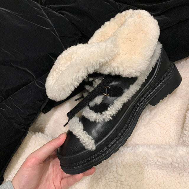 冬用暖かいスノーブーツ ミディアムヒール ブラック レディース ショートブーツ