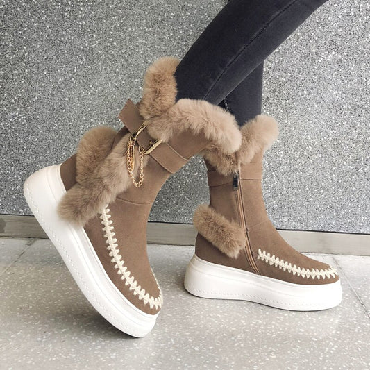 牛スエード プラットフォーム フラット スノーブーツ レディース ミドル丈ブーツ