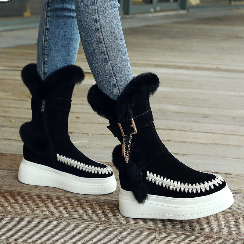Cow Suede Platforms Flats Snow Boots Women Mid-Calf Boots