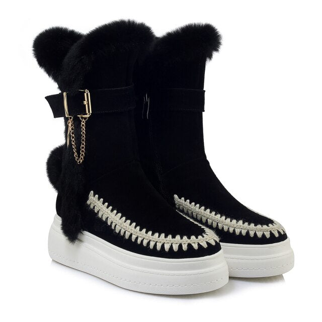 Cow Suede Platforms Flats Snow Boots Women Mid-Calf Boots