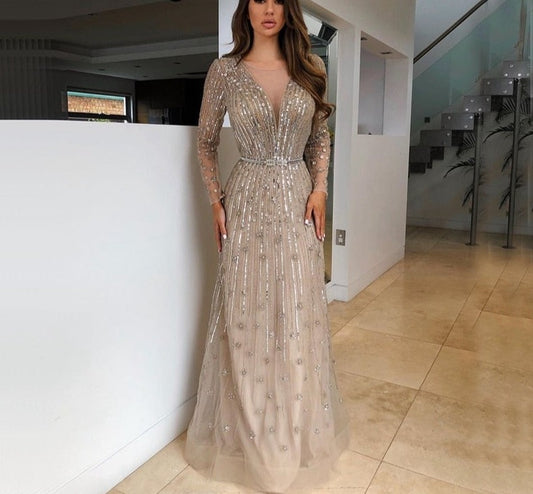 女性用ゴールドAラインラグジュアリーセクシーイブニングドレス