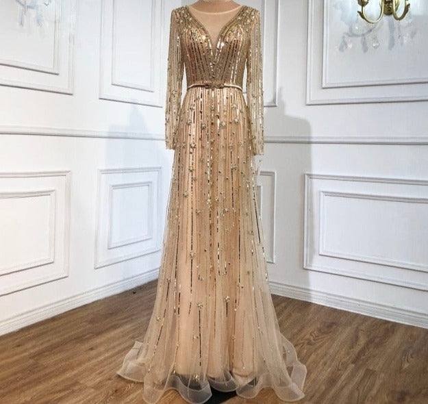 Gold A-Line Luxury Sexy Evening Gowns For Women