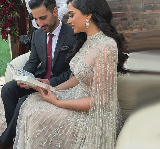 Grey Arabia Luxury Cape Sleeves Beading A-Line Evening Dresses