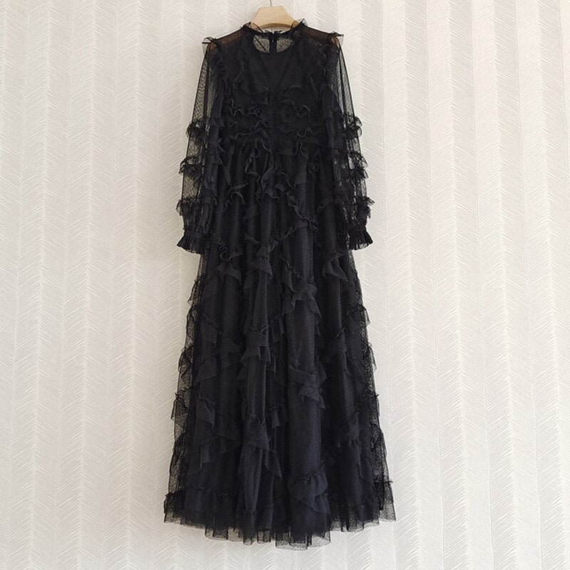 Runway Fashion Layered Tulle Dress Long Sleeve 3D Ruffles