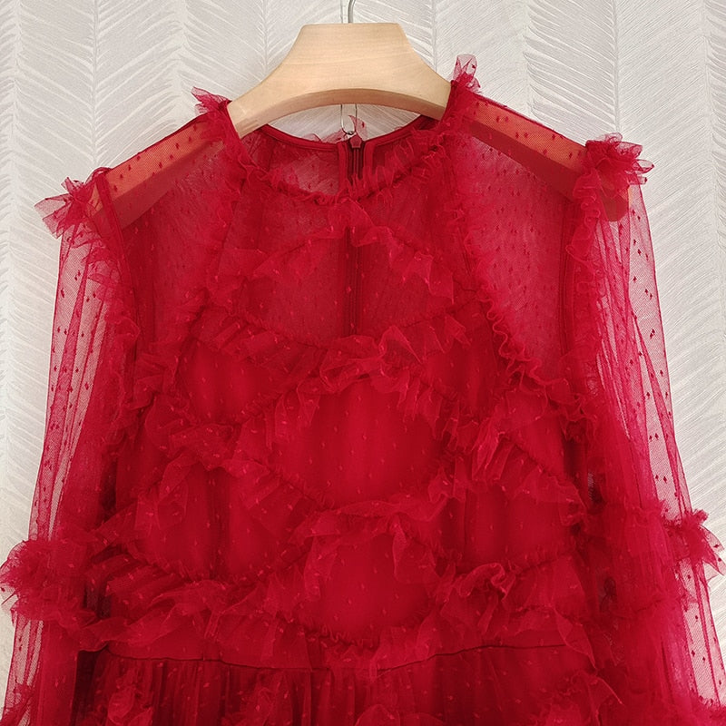 Runway Fashion Layered Tulle Dress Long Sleeve 3D Ruffles