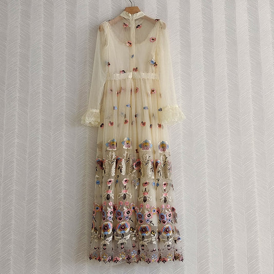 Fashion Elegant Dress Spring Autumn Luxury Mesh Flower Embroidery Dresses