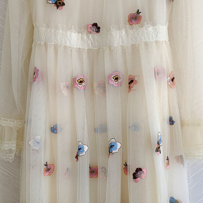 Fashion Elegant Dress Spring Autumn Luxury Mesh Flower Embroidery Dresses
