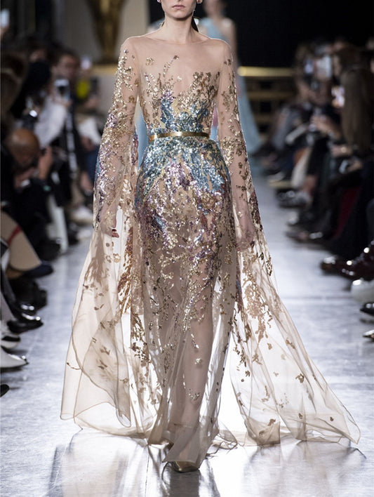 Haute Couture Evening Dresses Jewel Neck Long Sleeves Prom Dress