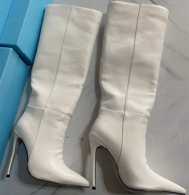 Women Pointy Toe Sexy Knee High Boots Crocodile Print Big Size