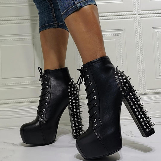 Women Rivets Ornament High Heel Winter Work Boots  Big Size