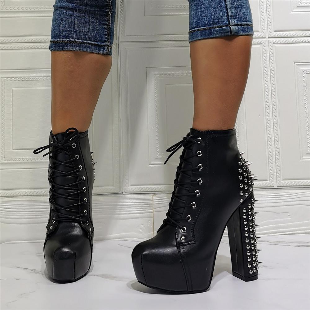 女性用リベット飾りハイヒール冬用ワークブーツ 大きいサイズ