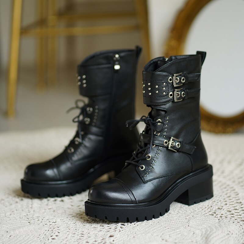Thick Bottom Round Toe Black Motorcycle Boots Waterproof For women