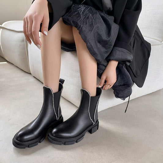 女性用ラウンドトゥクリスタルファッション乗馬ブーツ